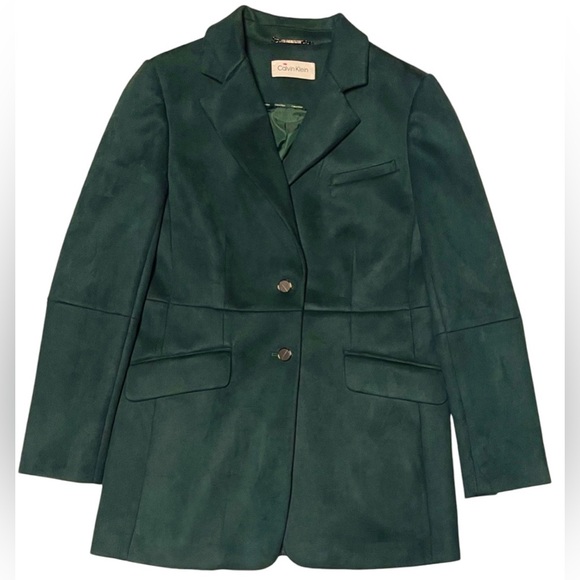 CALVIN KLEIN NOTCHED COLLAR BLAZER FAUX SUEDE GREEN WOMEN DOBLE BUTTON  SIZE S - Picture 3 of 10